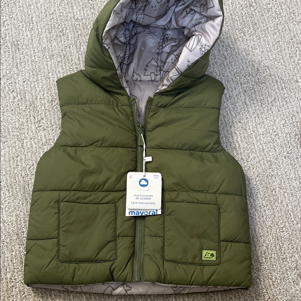 NEW Mayoral Reversible Olive Kids Hooded Puffer Vest